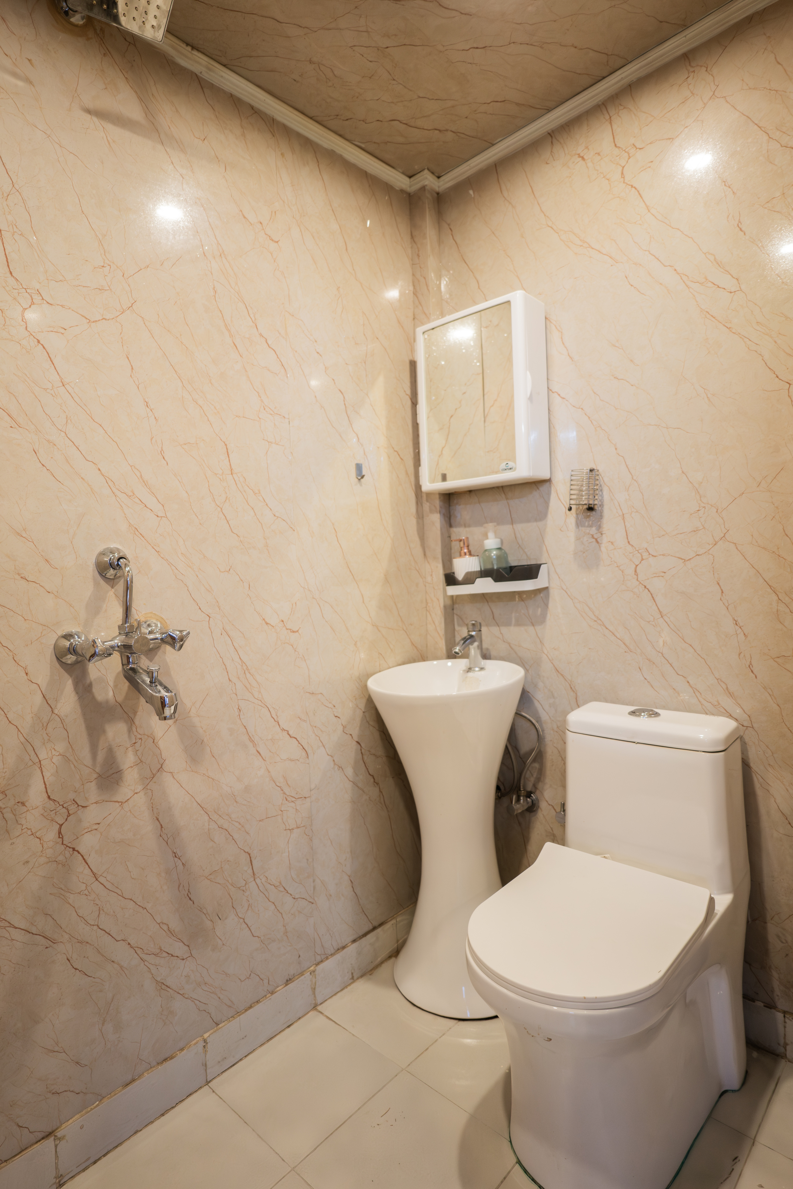 Separate toilet room in marble with basin and mirror cabinet